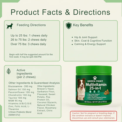 Dog Multivitamin – 90 Soft Chews for Hip & Joint, Skin & Coat, Digestion, Immunity – Glucosamine, Probiotics & Omegas – All Ages & Breeds – Chicken Flavor