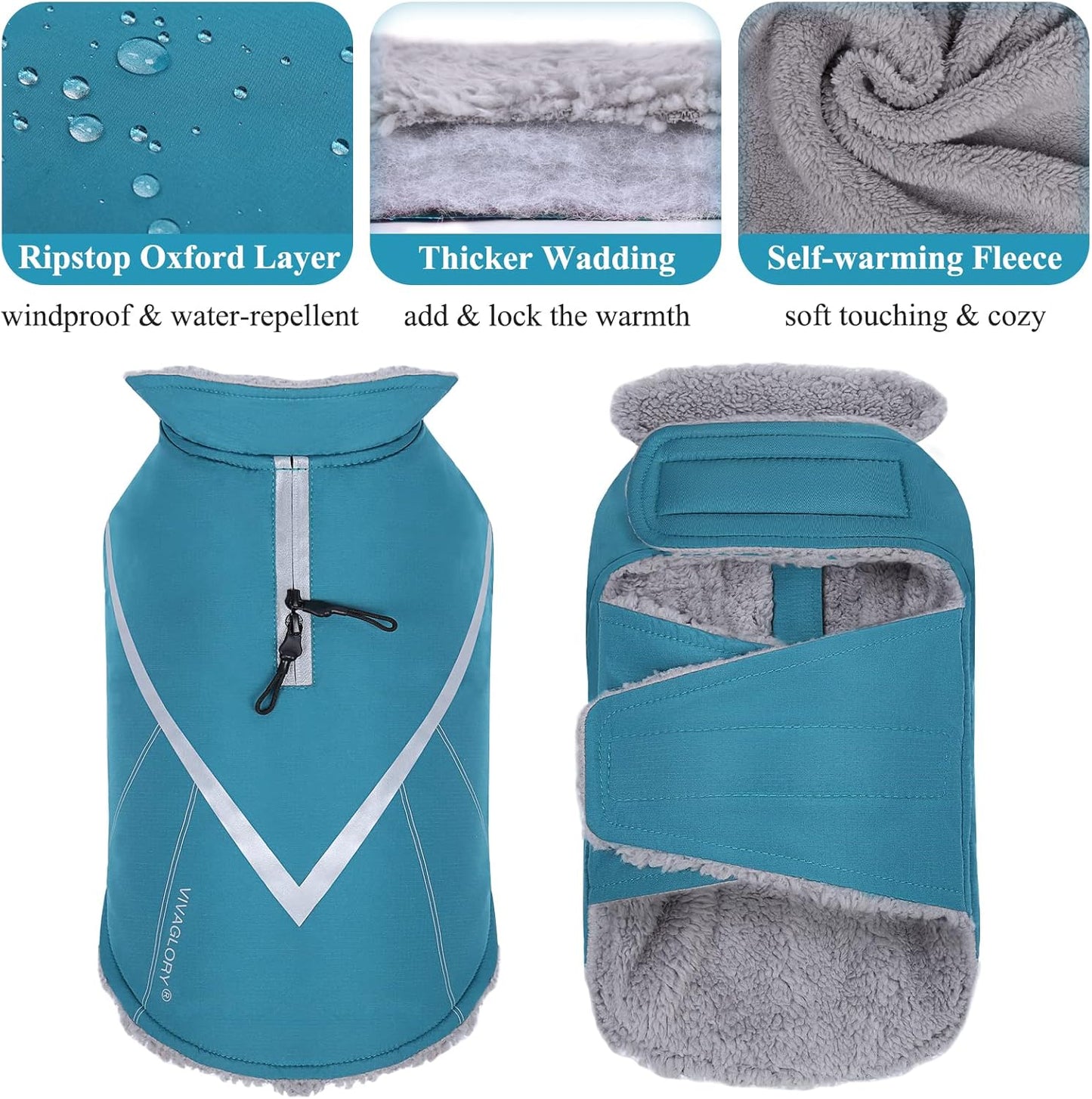 VIVAGLORY Hands Free Dog Leash + Dog Coat, Running Waist Leash with Belt for Running Walking, Warm Fleece Lined Reflective