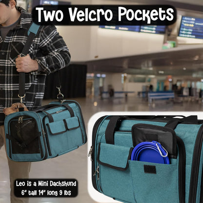Pet Carrier with Wheels | Delta American Frontier Airline Approved | Two Expandable Sides, Storage Pockets Adjustable Leash | Rolling Dog and Cat Carrier TSA Compliant (Blue 17x12.5x11)