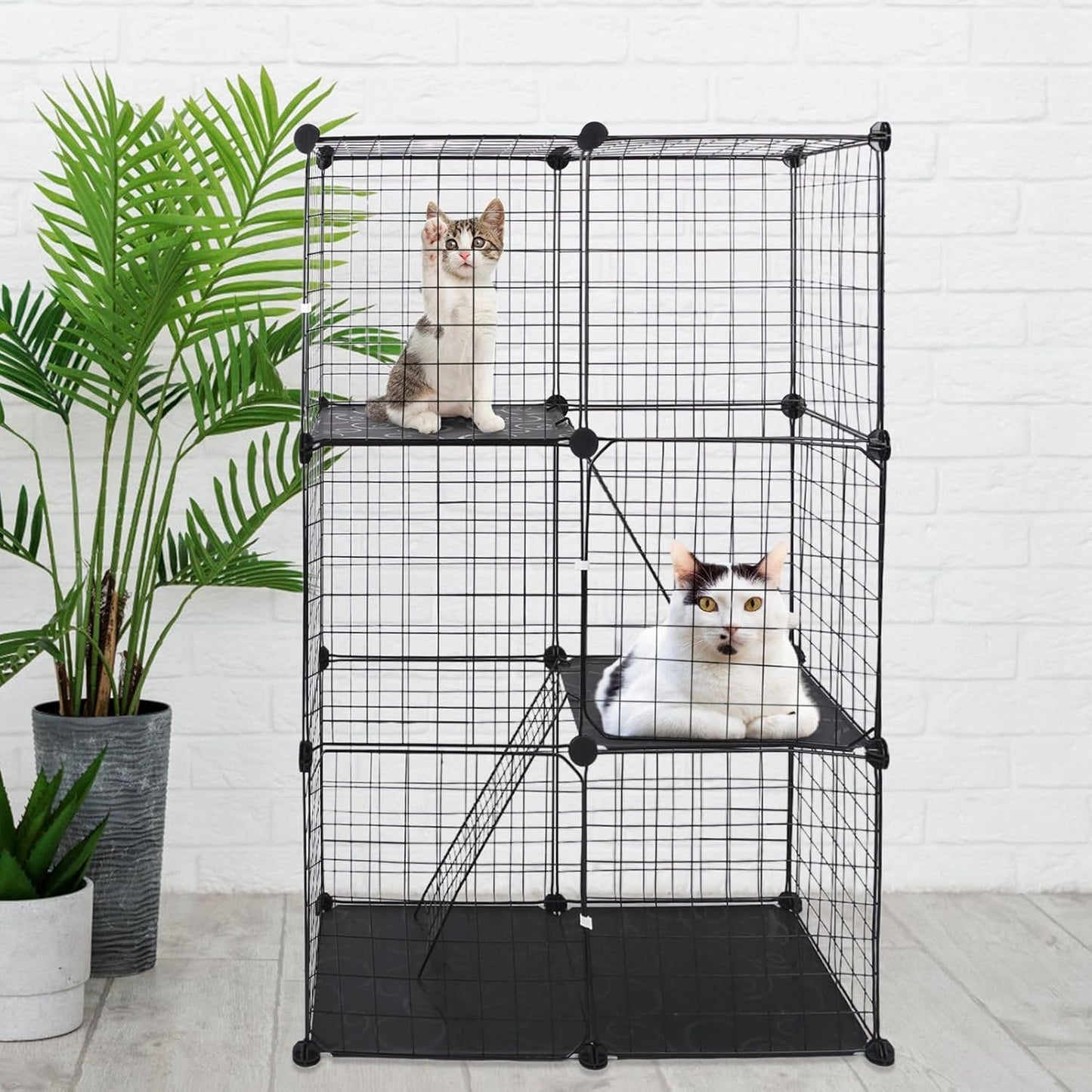 Large 3-Tier Cat Cage, Indoor Cat Enclosures Pliable DIY Cat Playpen, Detachable Metal Wire Kennels Cat Crate Box House with 3 Doors 2 Ramp Ladders for 1-2 Cats, 28.3"L x 14.1"W x 42.2"H,Black