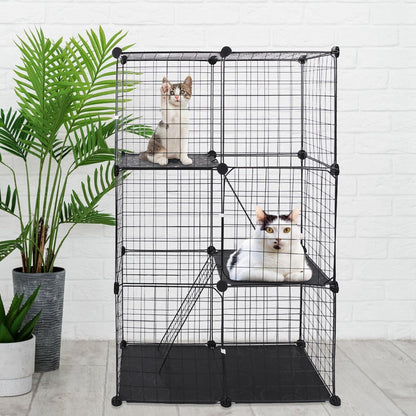 Large 3-Tier Cat Cage, Indoor Cat Enclosures Pliable DIY Cat Playpen, Detachable Metal Wire Kennels Cat Crate Box House with 3 Doors 2 Ramp Ladders for 1-2 Cats, 28.3"L x 14.1"W x 42.2"H,Black