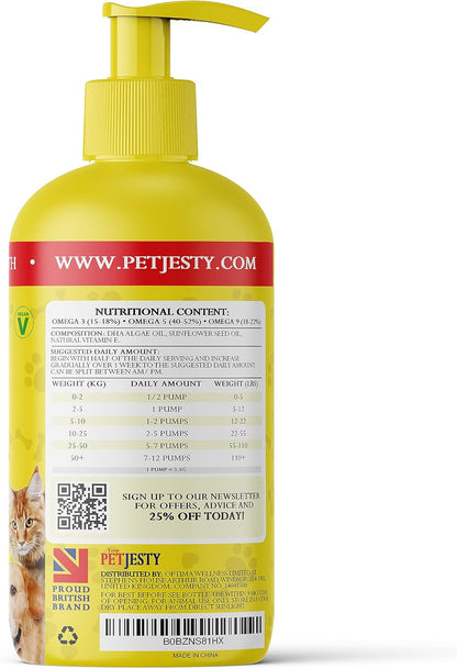 PetJesty Pure Omega 3 Oil for Dogs & Cats 26.39oz - Omega 3 Skin & Coat Support- Liquid Food Supplement for Pets - Vegan pet + DHA for Joint Function, Immune & Heart Health, Non Fish Oil Dog and Cat