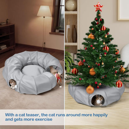 Odoland Cat Play Tunnel with Bed - Indoor Kitten Couch, Detachable Cats Cave Donut Tunnel & Interactive Cats Toys for Indoor Cat Puppy Rabbit and Ferret Grey