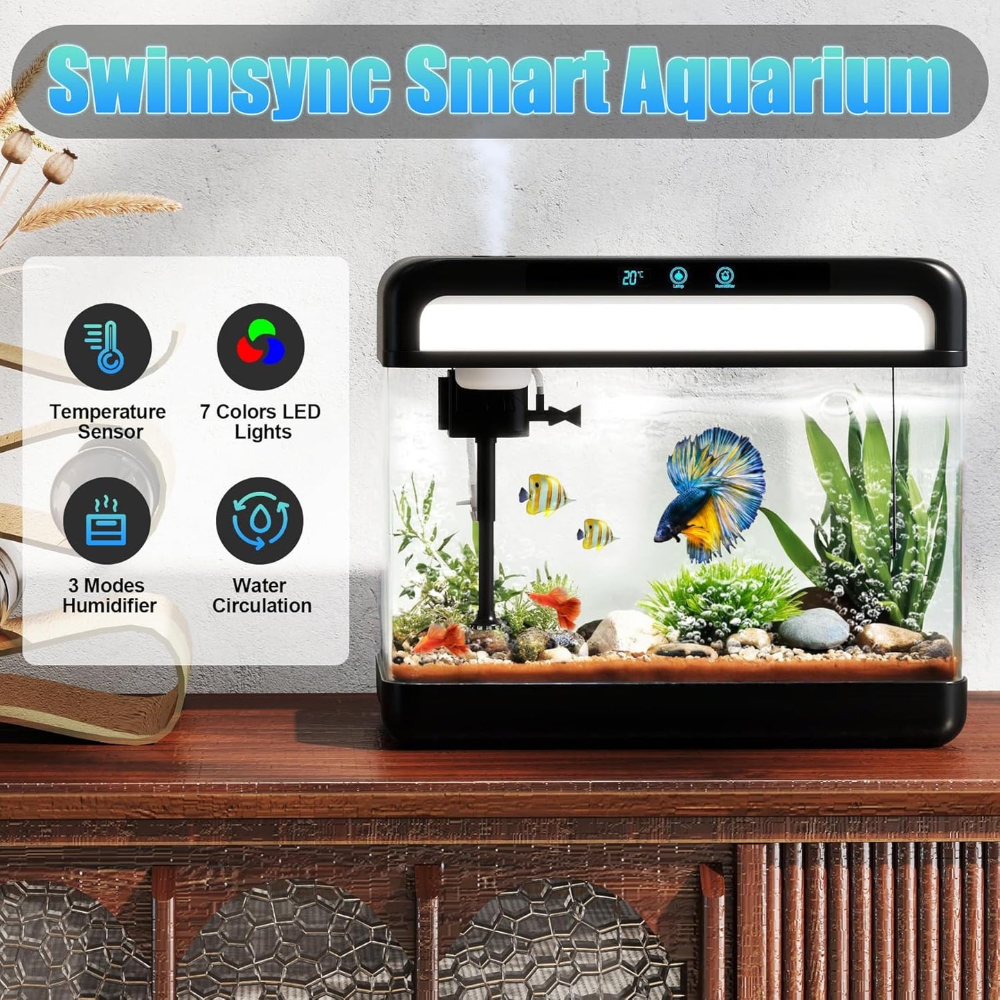 Fish Tank Aquarium 3 Gallon, Smart Aquarium Kits - Silent Water Pump,Self Cleaning System,7 Color Lights,Temperature Display, Aromatherapy, Advanced Filtration