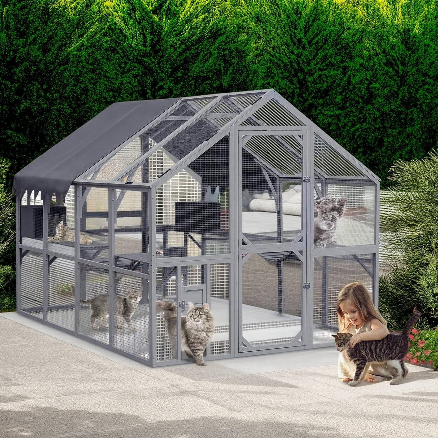 110" Large Outdoor Cat House Catio, Wooden Cat Enclosure for Multiple Cats with Platforms, Resting Box and Bridges, Feral Cat Shelter Kitten Playpen w/Waterproof & UV Proof Canopy, Grey
