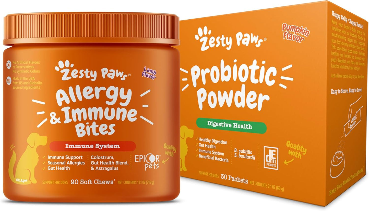 Zesty Paws Dog Allergy Immune Bites - Itching Skin Relief + Probiotic Powder for Dogs
