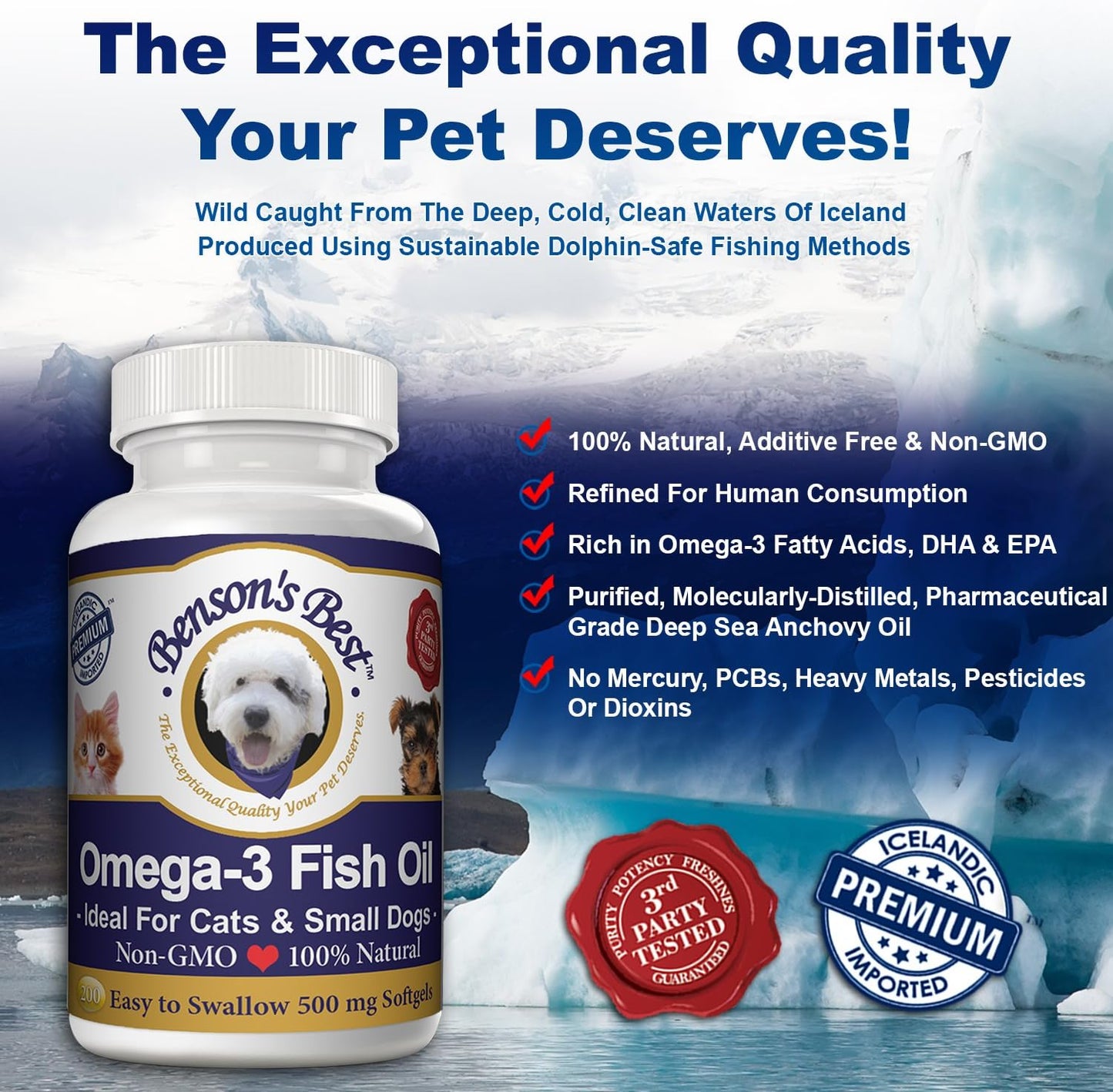 Benson's Best Omega 3 Fish Oil for Cats & Small Dogs - 200 Softgels 500mg - 43% More Omega 3 Fatty Acids Than Salmon Oil - 100% Pure, Non-GMO, Natural Pet Food Dog Fish Oil Supplements
