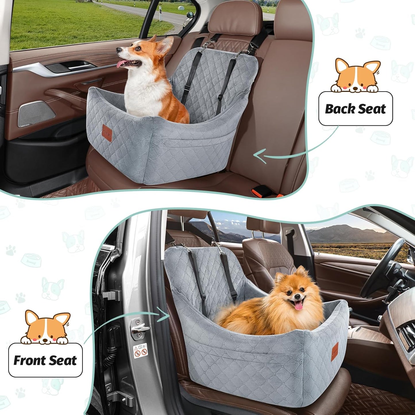Dog Car Seat for Medium Dogs Up to 40lbs,Fully Detachable and Washable,Easy to Install with Adjustable Straps,Anti-Slip Base Travel Car Bed for Pets,2 Side Pockets(Grey,Medium)