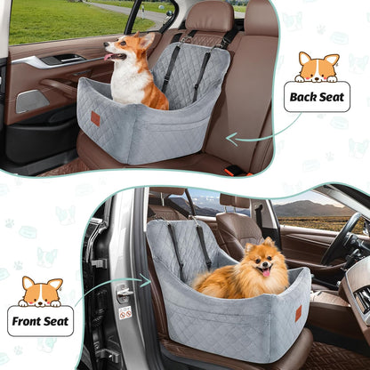 Dog Car Seat for Medium Dogs Up to 40lbs,Fully Detachable and Washable,Easy to Install with Adjustable Straps,Anti-Slip Base Travel Car Bed for Pets,2 Side Pockets(Grey,Medium)