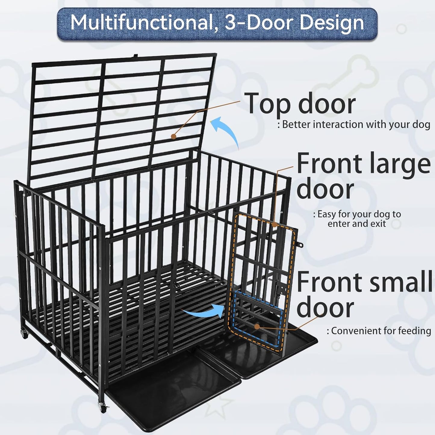 42Inch Heavy Duty Dog Crate, Indestructible & Escape-Proof Steel Kennel for Large High-Anxiety Dogs, with 3 Door, 4 Lockable Wheels, Reinforced Baseplate & 2 Removable Tray (42)