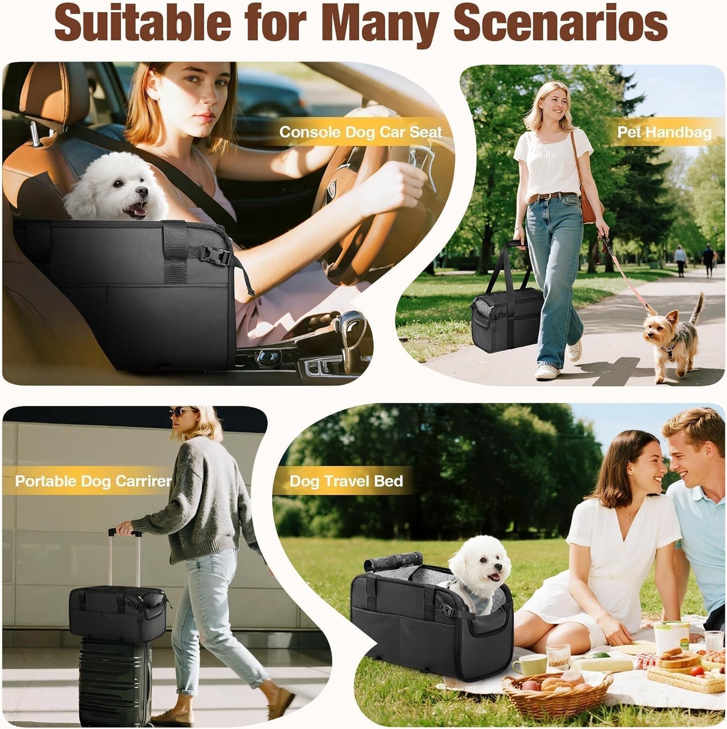 YUDODO Center Console Dog Car Seat, Anti-Slip Pet Cat Booster Seat for Small Dogs, Portable Puppy Bed Carseat Carrier PU Leather Black