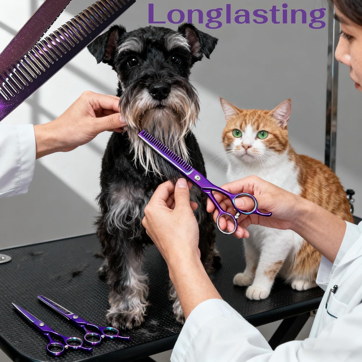 7.0 inch Dog Grooming Scissors, Professional 4-Piece Pet Shears Set with Thinning Shears, Straight & Curved Scissors, Storage Bag for Pet Dogs Cats Hair Cutting, Quiet Design (Purple)