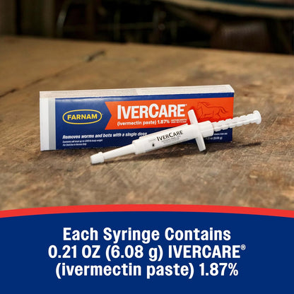 Farnam IverCare (ivermectin Paste) 1.87% for Horses, Anthelmintic and Boticide, 0.21 Ounces, Horse Dewormer, Ivermectin Apple-Flavored Paste, Up to 1,250 lbs