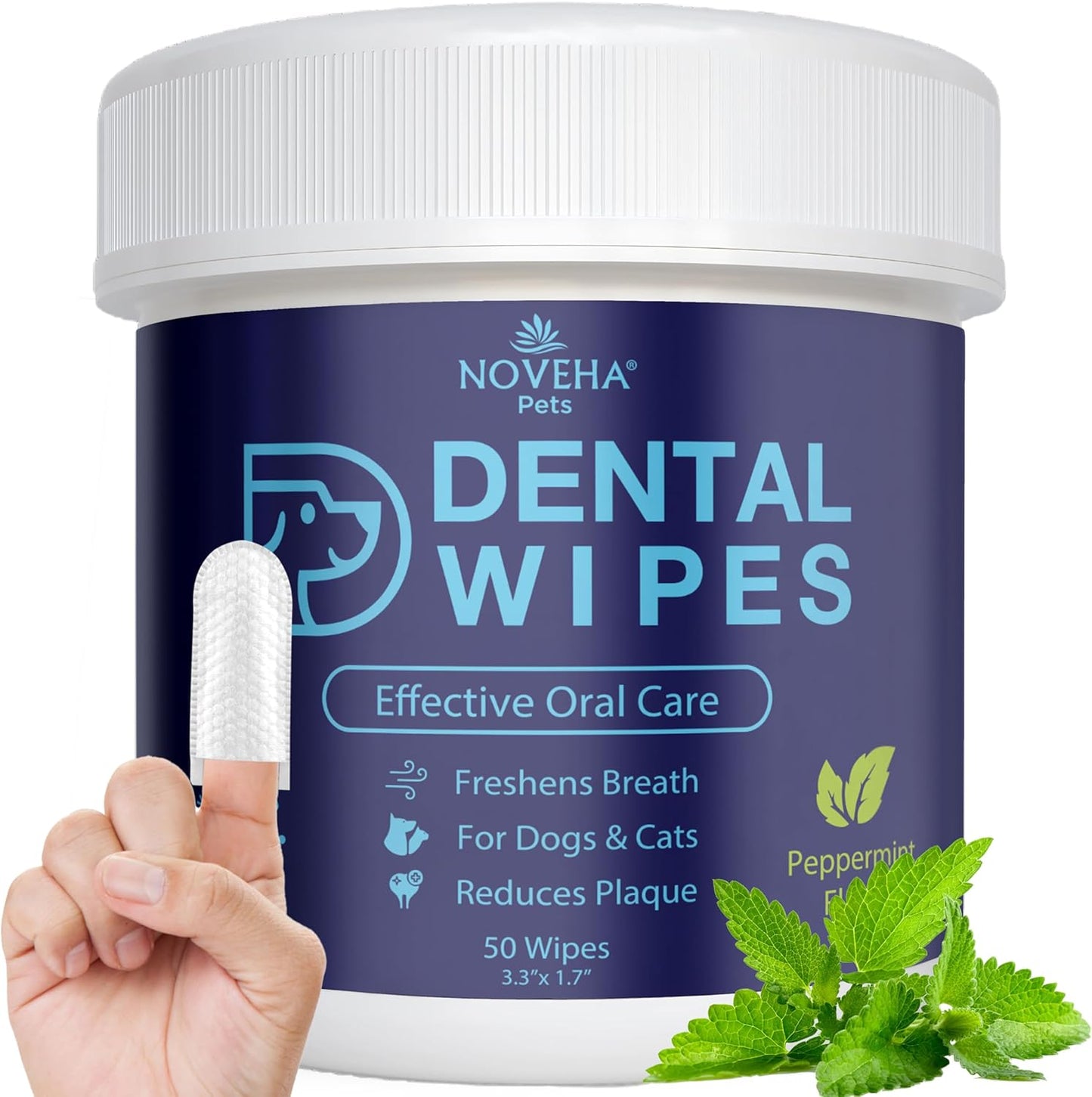NOVEHA 50PCs Pets Dental Finger Wipes for Dogs & Cats | Freshens Breath, Reduces Plaque | Healthier Gums | Clean Teeth No Toothbrush | Vet Recommended Effective Natural Oral Care | Mint Flavor