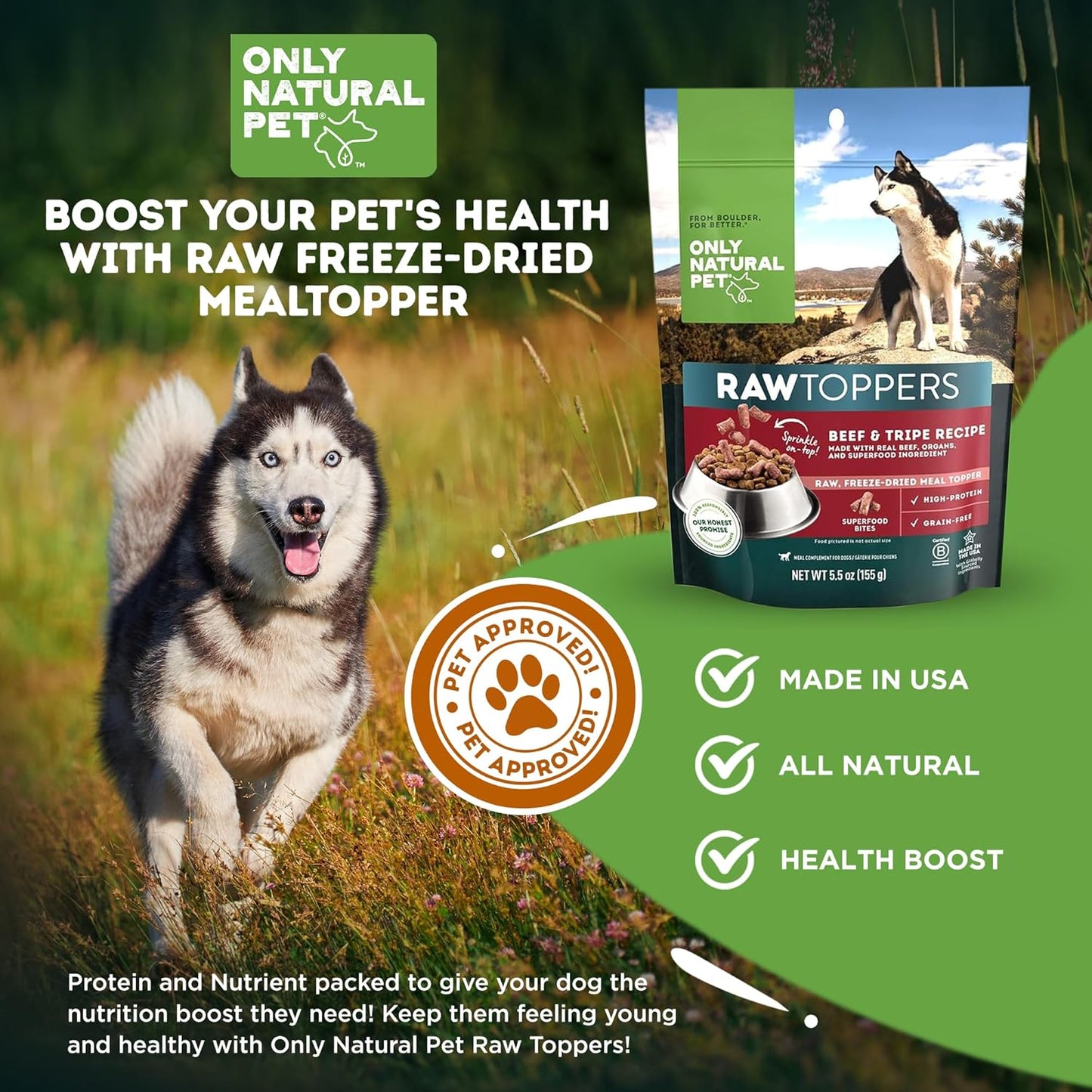 Only Natural Pet Raw Toppers Freeze Dried Beef and Tripe Recipe - Protein Packed, Great Tasting Freeze Dried Raw Food Topper for Dogs - 5.5 OZ Bag 2 Pack (B)