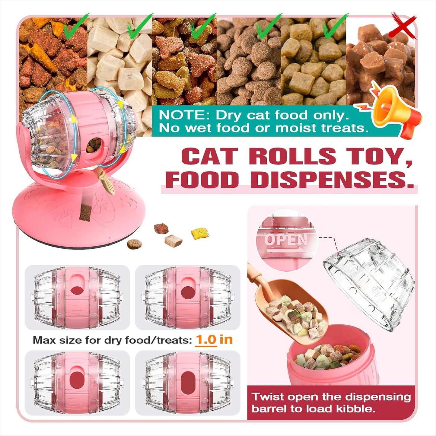 Cat Slow Feeder Toy, Adjustable Difficulty Puzzle Toy with Rotating Lid - Interactive Mental Stimulation Food Dispenser for Indoor Cats, Slows Down Eating for Dry Food & Treats (Pink)