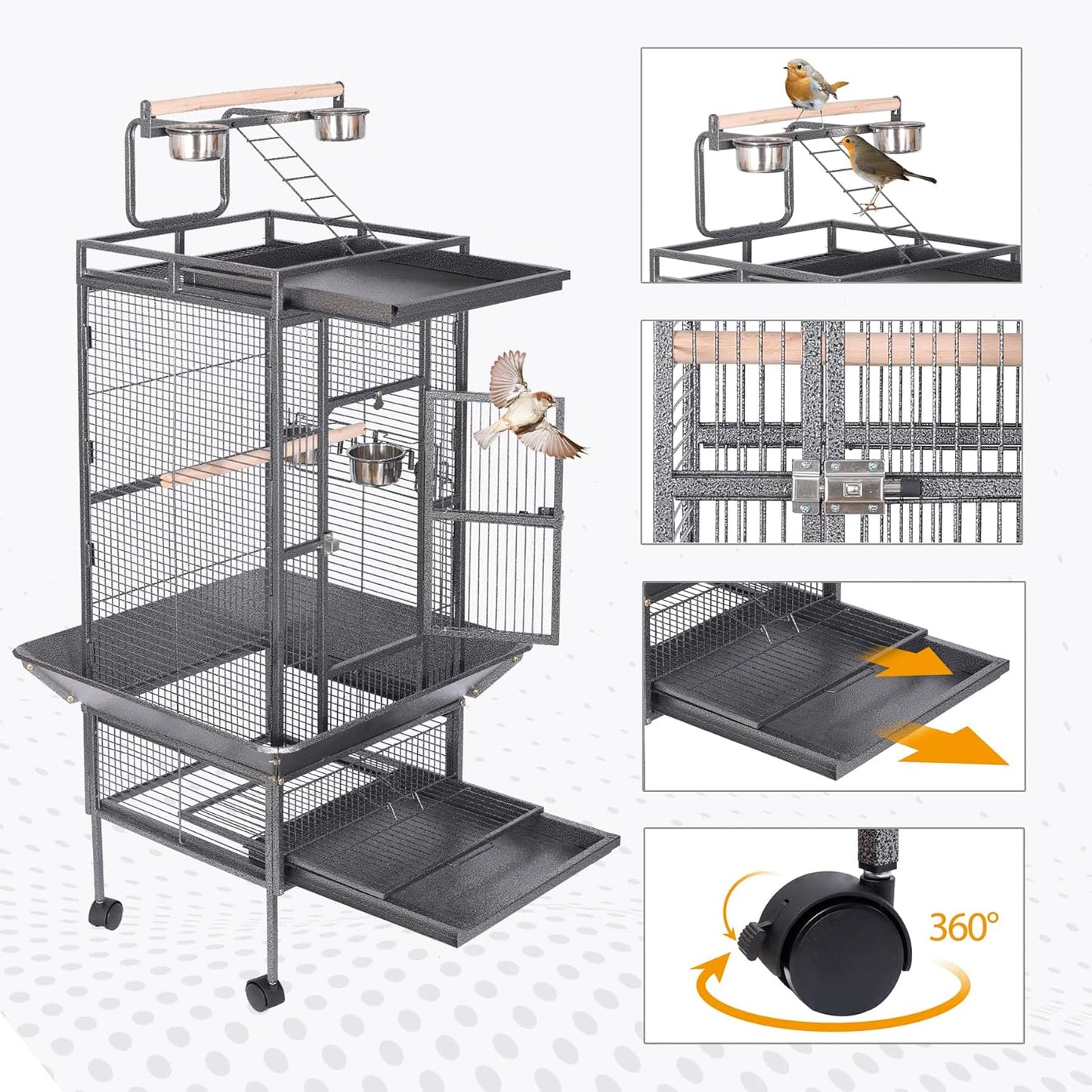 HSM 62 Inch Wrought Iron Large Bird Flight Cage with Rolling Stand for African Grey Parrot Cockatiel Sun Parakeet Conure Lovebird Canary…