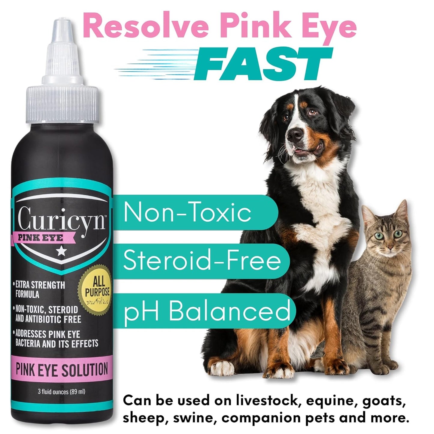 Curicyn Pink Eye Solution (3 oz), Dog Eye Drops, Conjunctivitis Eye Drops for Dogs, Cats, Livestock and Horses, Dog Eye Wash with Purified Anolyte, Safe and Soothing Dog Eye Drops for Infection