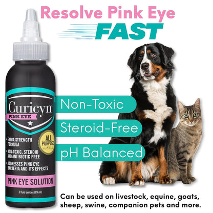 Curicyn Pink Eye Solution (3 oz), Dog Eye Drops, Conjunctivitis Eye Drops for Dogs, Cats, Livestock and Horses, Dog Eye Wash with Purified Anolyte, Safe and Soothing Dog Eye Drops for Infection