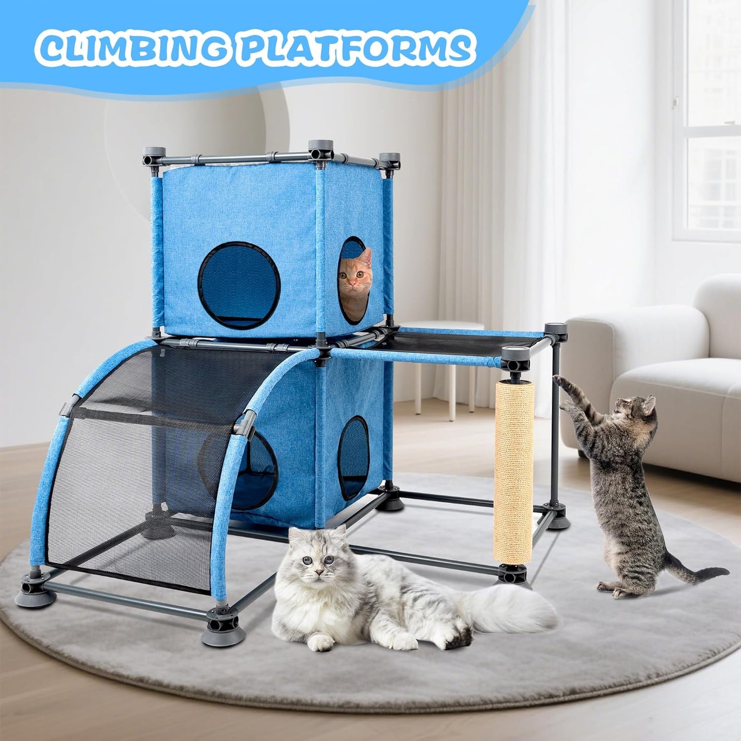 Large Cat Tree with Scratching Post, Ladder & Perches – Multi-Level Cat Climbing Furniture for Indoor/Outdoor Use+Blue/35.43" L x 35.43" W x 37.01" H