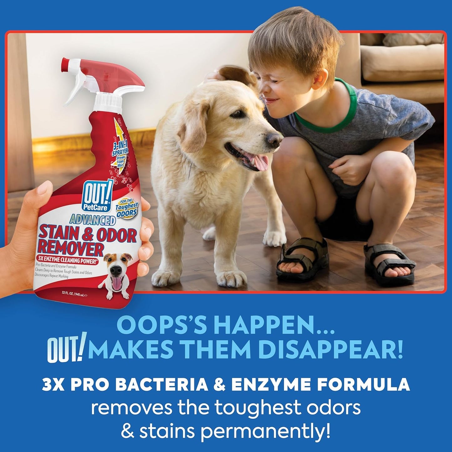 OUT! PetCare Pet Odor & Stain Remover Spray, Carpet & Floor Cleaner, Deodorizer for Dogs & Cats, Made in USA, 32 fl oz (2 Pack)
