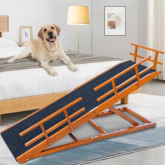 Dog Ramp for Bed - 65" Length, Supports up to 32" Height,Includes Non-Slip Replaceable Carpet, Safety Rails & Landing Platform,Adjustable & Foldable Pet Ramp for Large/Senior Dogs to Get on Bed