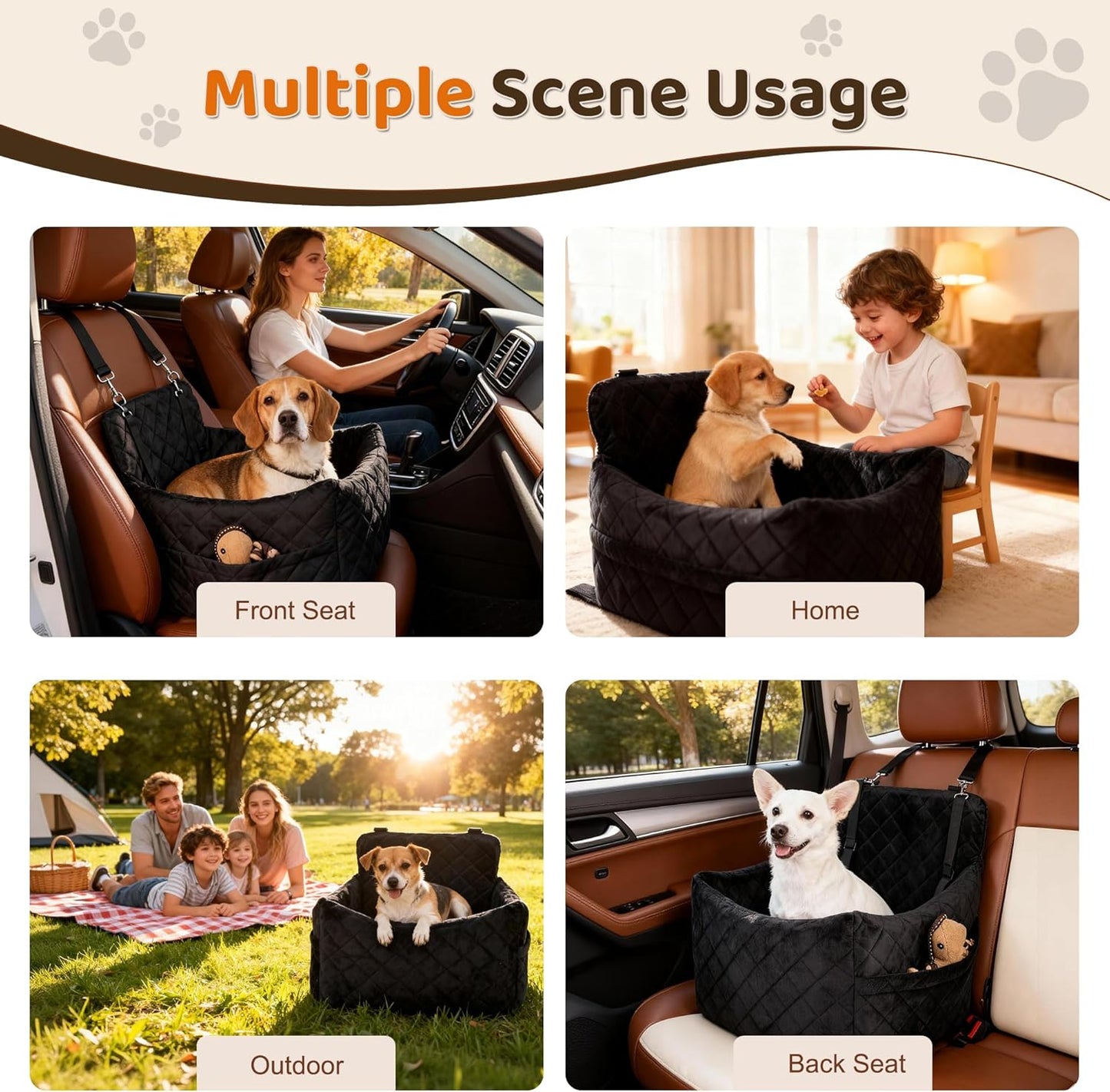 Dog Car Seat for S/M Dogs, Memory Foam Dog Booster Car Seat Up to 35lbs, Detachable Washable Pet Travel Bed with Side Pockets and 2 Safety Belts, Easy to Install (Black)