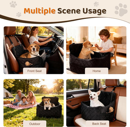 Dog Car Seat for S/M Dogs, Memory Foam Dog Booster Car Seat Up to 35lbs, Detachable Washable Pet Travel Bed with Side Pockets and 2 Safety Belts, Easy to Install (Black)