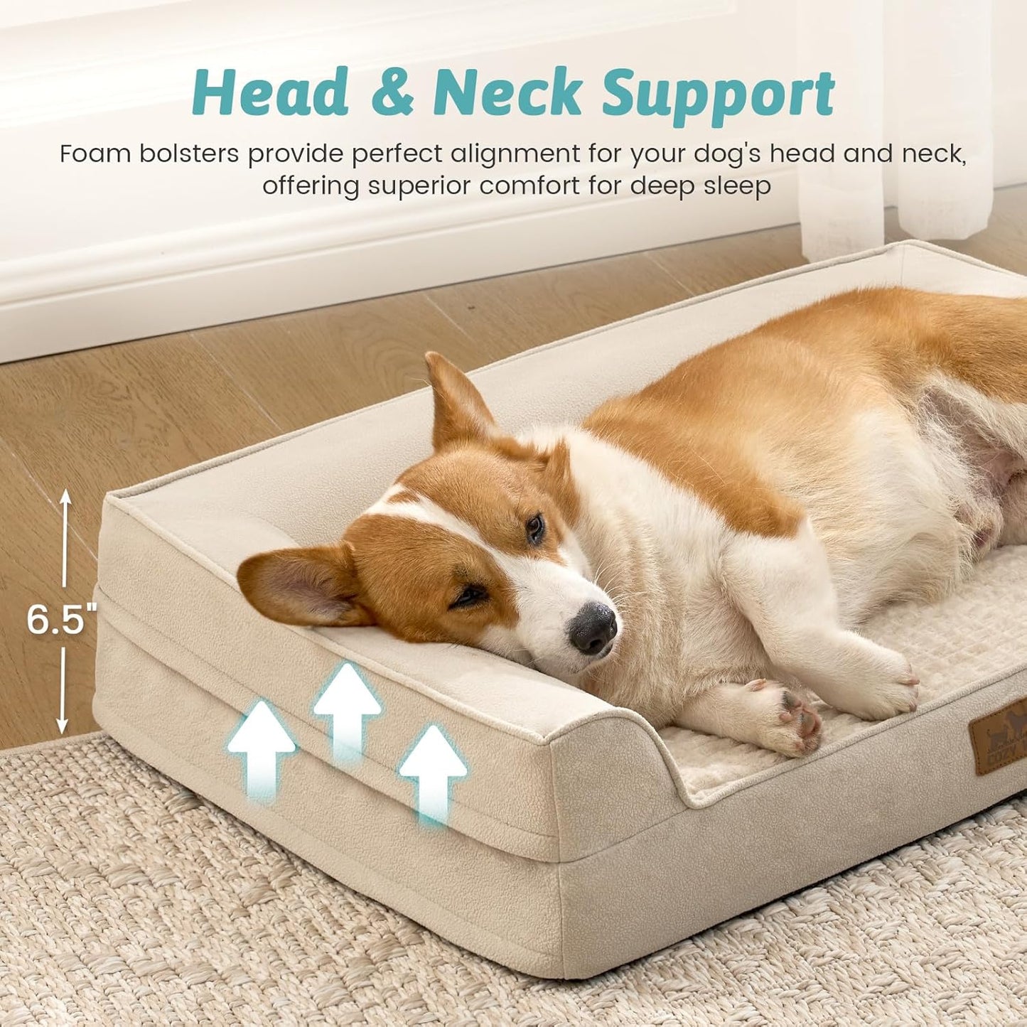 Orthopedic Dog Bed for Small Medium Size Dogs, Bolster Pet Couch with Waterproof Lining, Egg Crate Foam Sofa for Pets Up to 30 lbs, U-Shaped, 30x20x6.5 inch, Beige