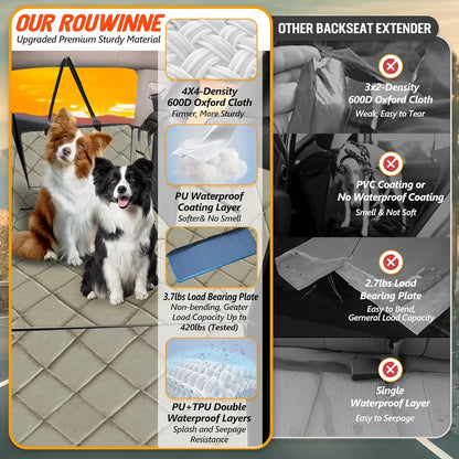 Back Seat Extender for Dogs-Large Space, Dog Car Seat Cover Hard Bottom Holds 420lbs, Sturdy Backseat Extender for Dogs, Upgraded Material,Waterproof Dog Hammock for Car SUV, Truck Khaki