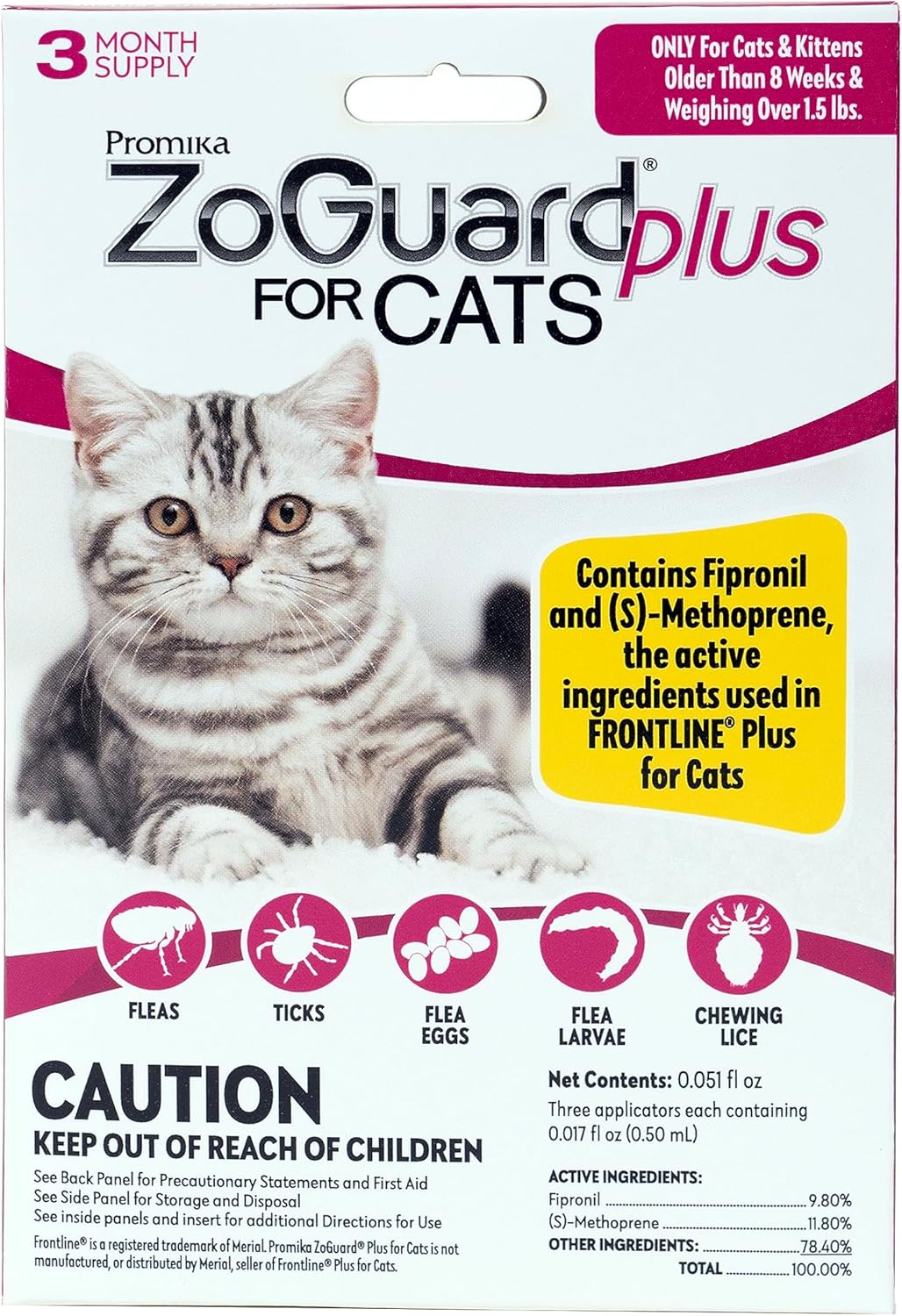 ZoGuard Plus Flea and Tick Prevention for Small Cats – Flea & Tick Prevention for Cats Over 1.5lbs (3 Doses)