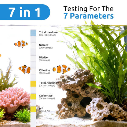 SEAOURA 7-in-1 Aquarium Test Kit for Fish Tanks - 65 Strips Water Testing Strips for Aquariums & Ponds Accurate Testing Nitrate，Nitrite，Chlorine，Hardness，Alkalinity，Carbonate，pH