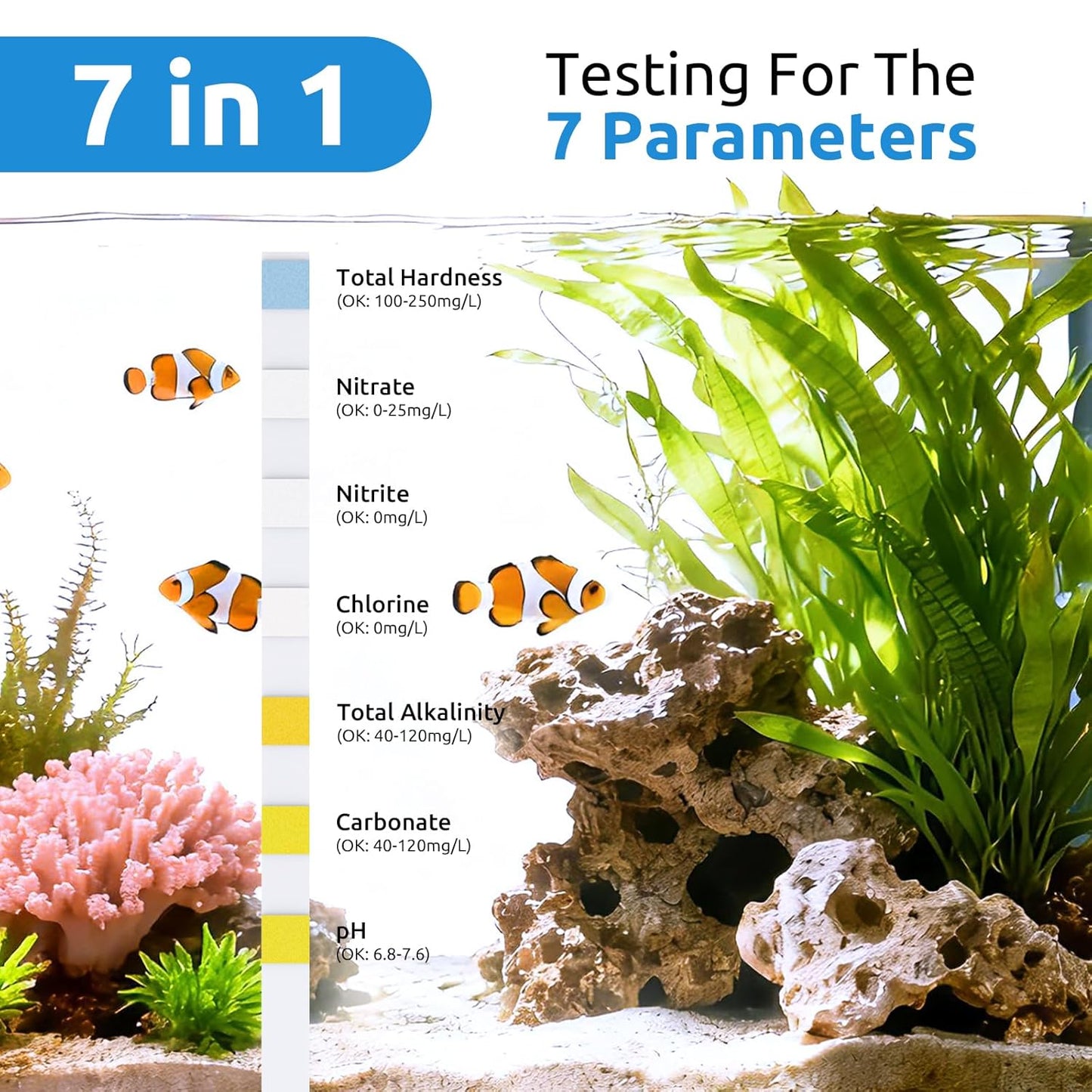 SEAOURA 7-in-1 Aquarium Test Kit for Fish Tanks - 65 Strips Water Testing Strips for Aquariums & Ponds Accurate Testing Nitrate，Nitrite，Chlorine，Hardness，Alkalinity，Carbonate，pH
