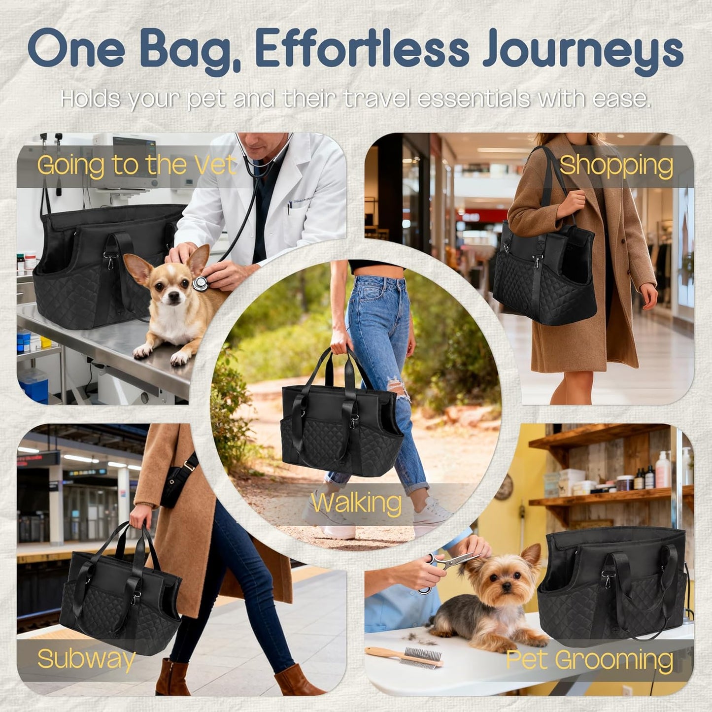 YUDODO Dog Purse Carrier for Small Dogs, Soft-Sided Pet Carrier with Large Pockets & Safety Harness Clip, Collapsible Dog Tote Bag, Travel Carriers up to 10 lbs, Black