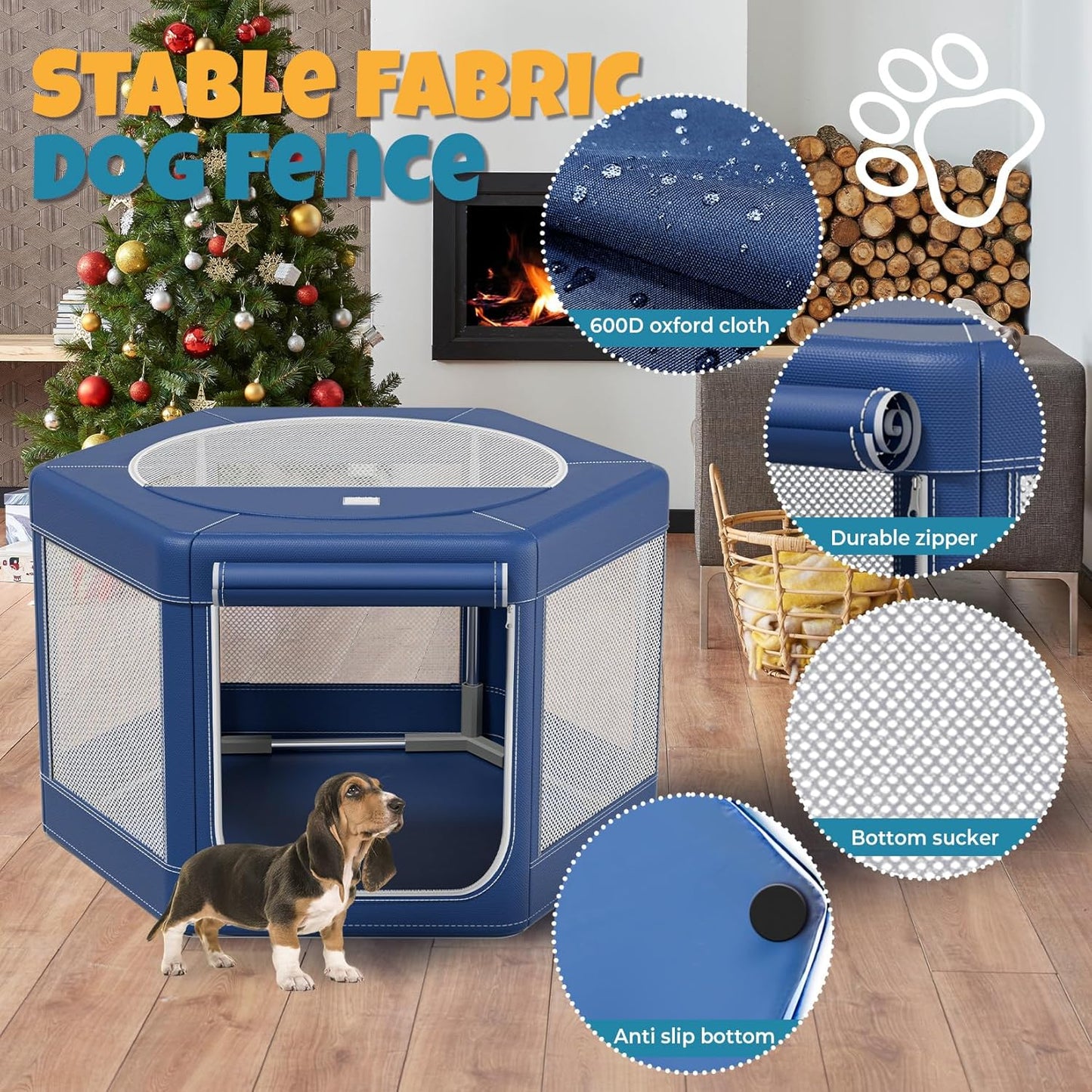 Dog Playpen,45x45x25.6 Inches Hexagonal Dog Fence,Oxford Cloth with Tear Resistance, Large Space Pet Playpen with Double-Opening Doors for Outdoors & Indoors, Anti-Tipping, Ideal for Dogs and Cats