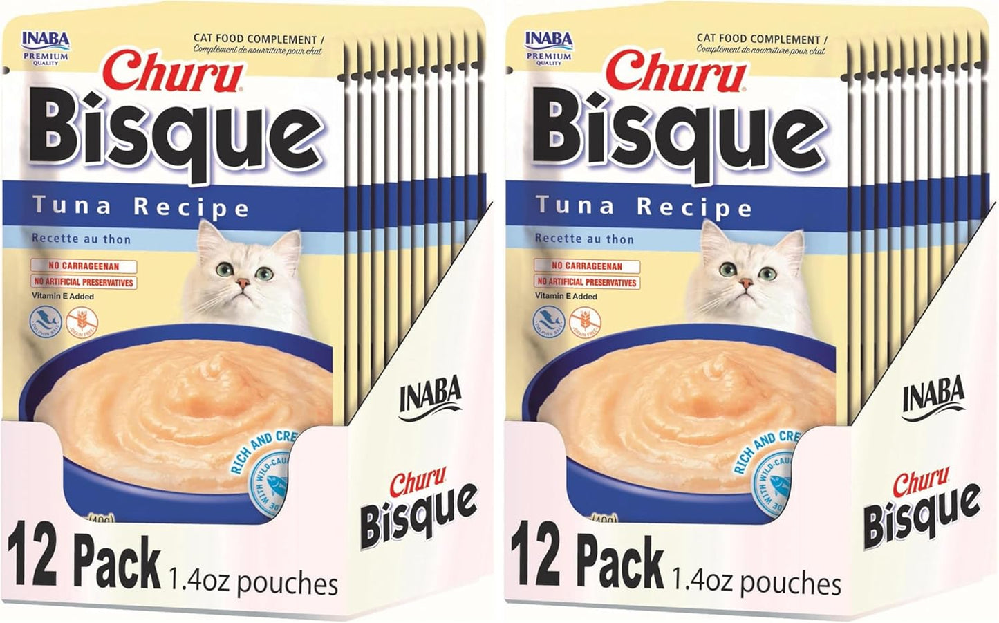INABA Churu Bisque for Cats, Creamy Lickable Purée Side Dish with Vitamin E, 1.4 Ounces per Pouch, 12 Pouches, Tuna Recipe (Pack of 2)