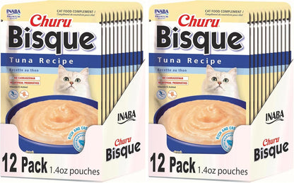INABA Churu Bisque for Cats, Creamy Lickable Purée Side Dish with Vitamin E, 1.4 Ounces per Pouch, 12 Pouches, Tuna Recipe (Pack of 2)
