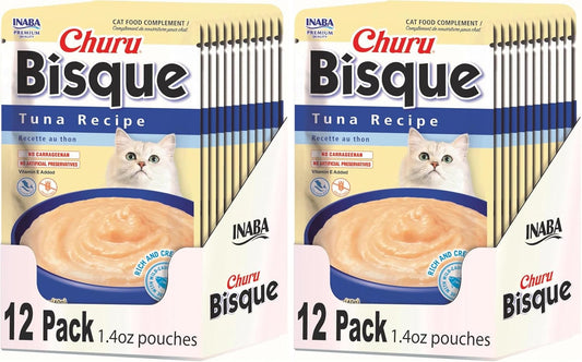INABA Churu Bisque for Cats, Creamy Lickable Purée Side Dish with Vitamin E, 1.4 Ounces per Pouch, 12 Pouches, Tuna Recipe (Pack of 2)