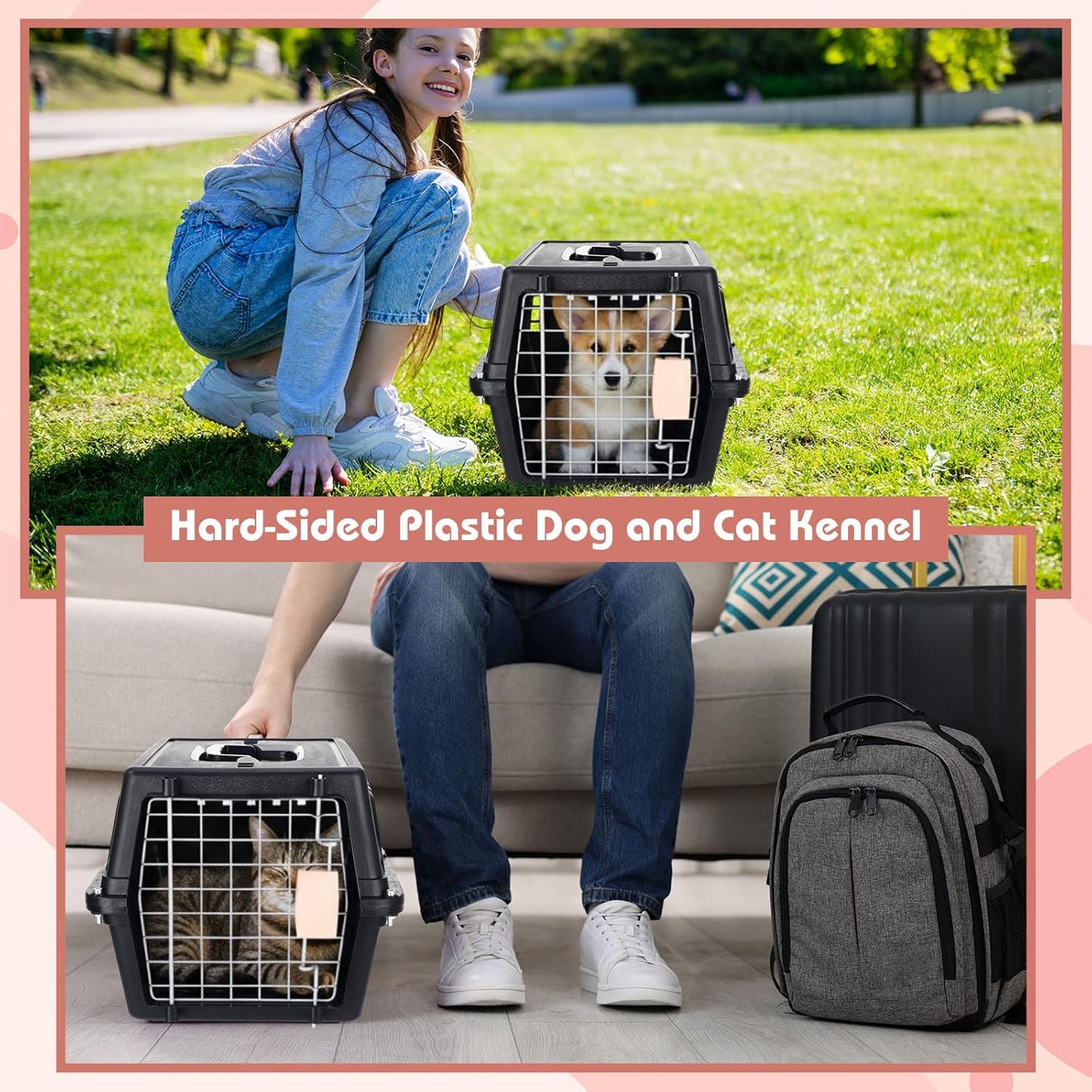 2 Set 18.9" Pet Carrier for Small Cats and Dogs, Hard Sided Plastic Cat Kennel for Pet with Front Door Security Lock Fully Breathable Travel Crate, up to 13 Lbs(Black,18.9 x 12.6 x 11.8 Inch)
