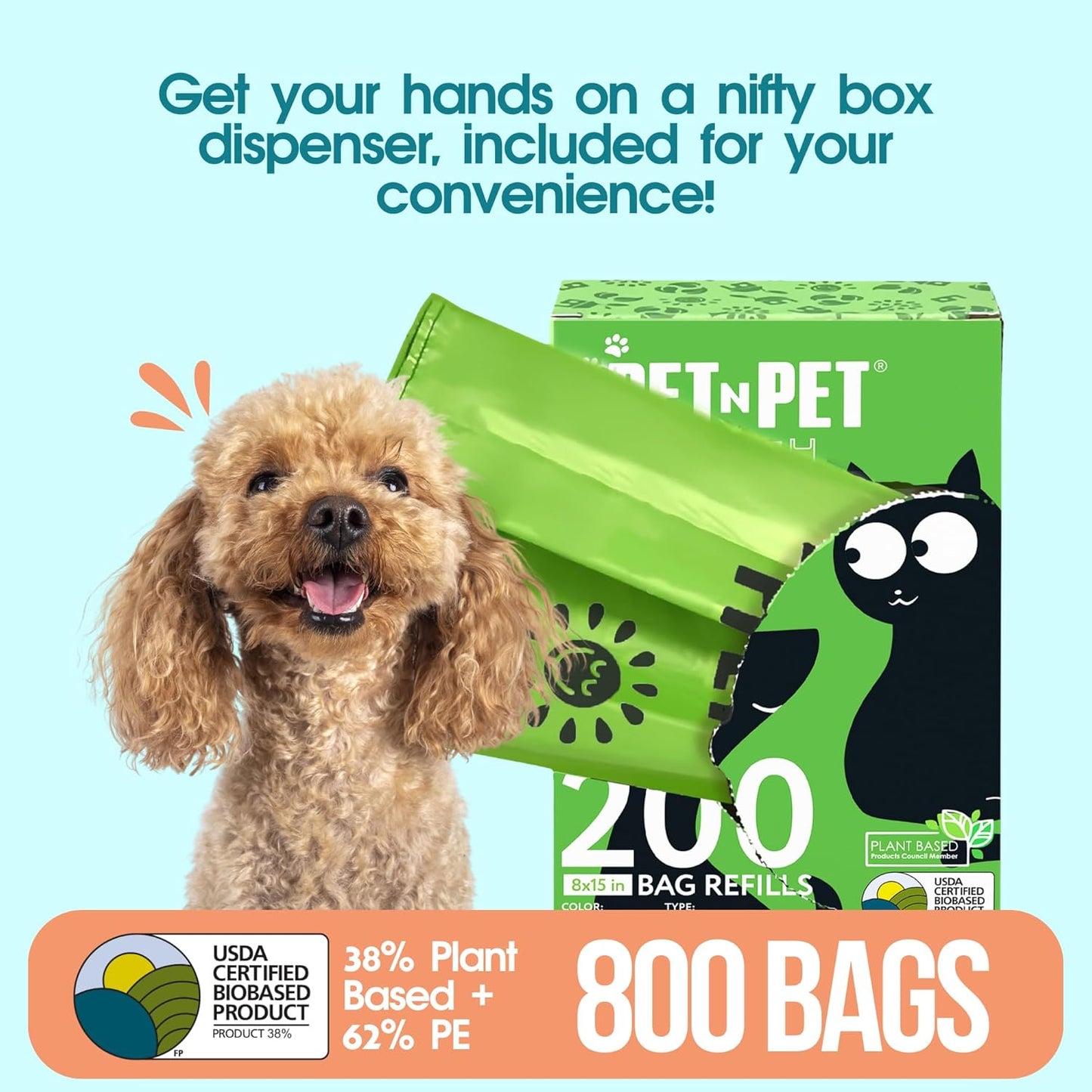 PET N PET 800 Counts Unscented Dog Poop Bags with Tie Handles, 38% Plant Based & 62% PE + 100% Plant Based Dog Wipes for Paws and Butt, 100 Counts Dog Pet Wipes, 8" x 8" Hypoallergenic Unscented Wipes