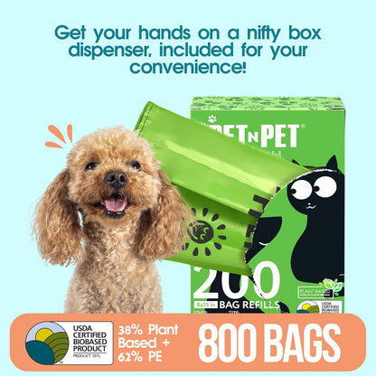 PET N PET 800 Counts Unscented Dog Poop Bags with Tie Handles, 38% Plant Based & 62% PE + 100% Plant Based Dog Wipes for Paws and Butt, 100 Counts Dog Pet Wipes, 8" x 8" Hypoallergenic Unscented Wipes