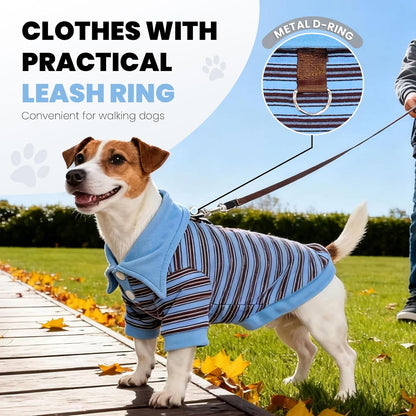 Fleece Dog Sweatshirt with Leash Ring Lightweight Stretchy Dogs Polo Shirt Striped Sleeves Pet Clothes Soft Dog Sweaters for Small Medium Dogs（Blue,Large）