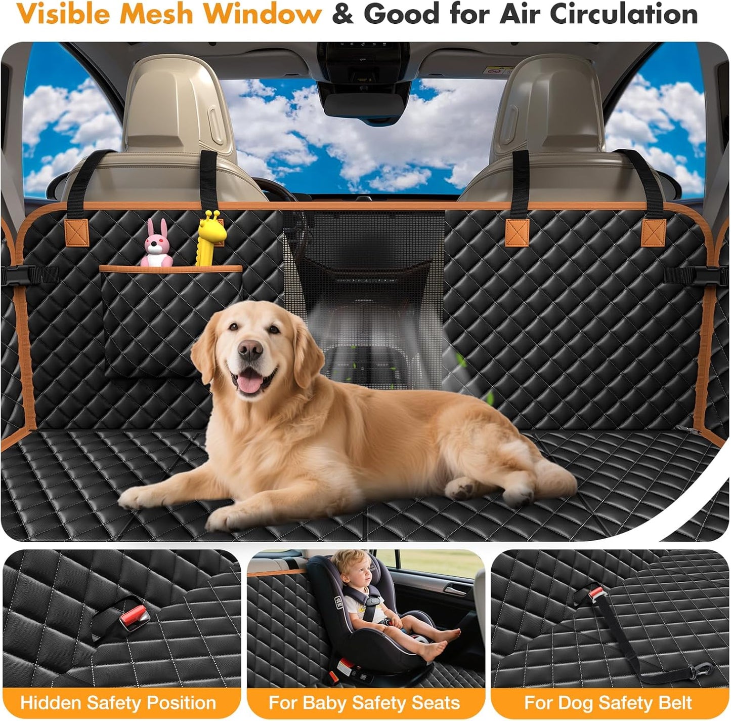 Dog Car Seat Cover for Back Seat, Backseat Extender for Dogs Hard Bottom, Car Back Seat Extender for Dogs, Dog Hammock for Cars, Black