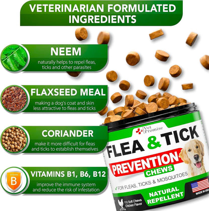Flea and Tick Prevention for Dogs Chews - Natural Dog Flea and & Tick Control - Advanced Oral Pills Supplement Treatment for All Breeds & Size - Vet Formulated - Soft Chewables - Made in USA