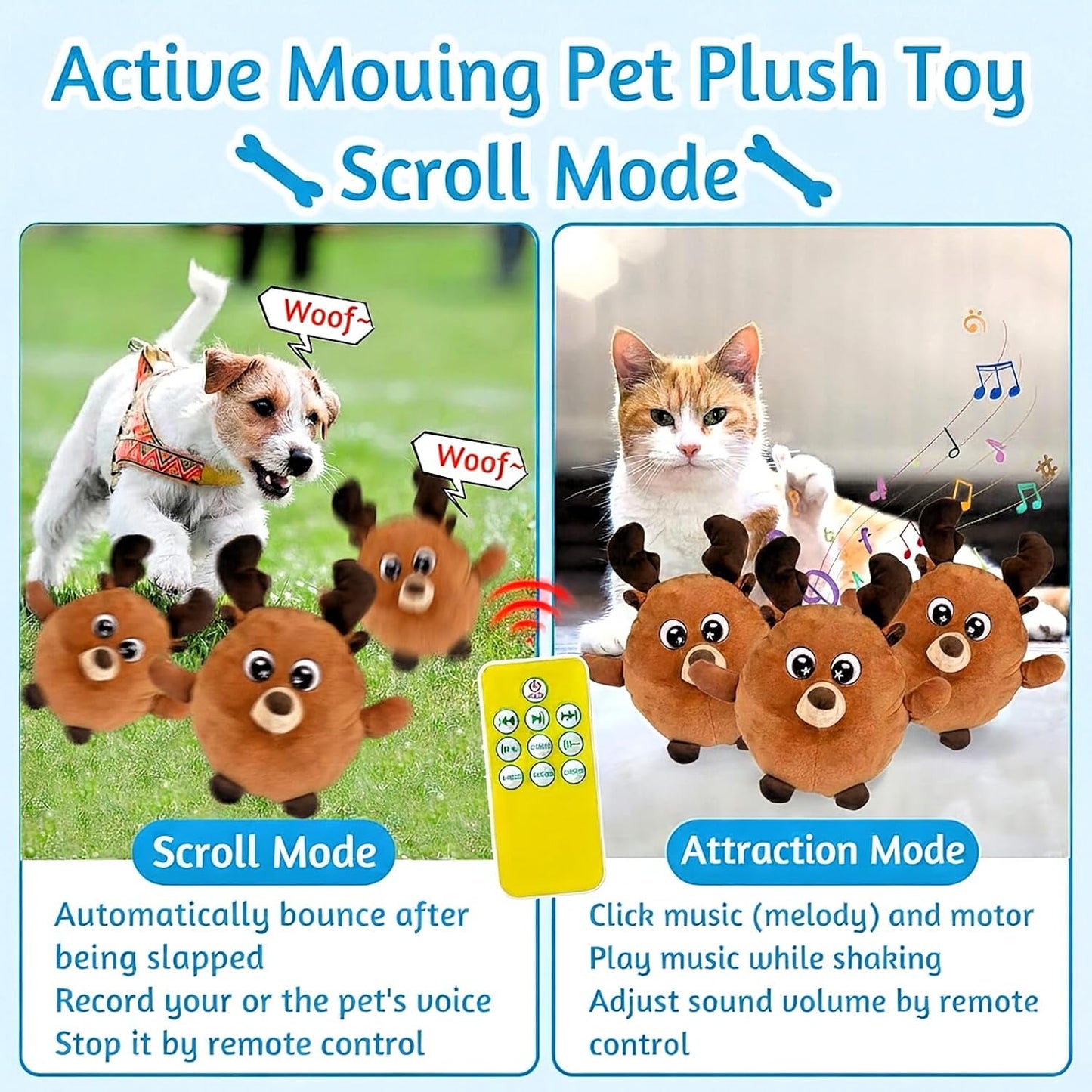Interactive Dog Toy with Remote Control, 2025 Rechargeable Motion Activated Bouncing Pets Plush, Shaking Dog Toy with Recording & Music Modes, Washable Cover, Boredom Relief for Dogs & Cats (F)