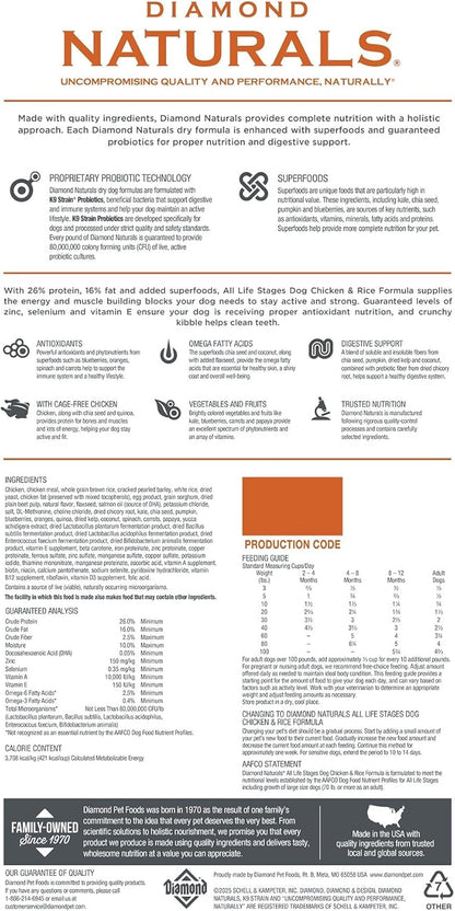 Diamond Naturals All Life Stages Chicken and Rice Formula Dry Dog Food Protein from Real Chicken, and Probiotics 40 Pound (Pack of 1)