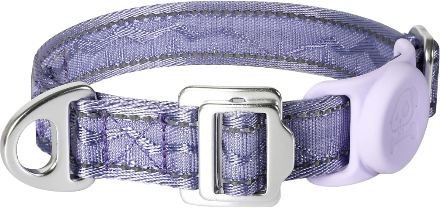 AirTag Dog Collar, Reflective Nylon, Metal Buckle, IP68, Dog Collar with AirTag Holder, Heavy Duty Dog Collars for Large Medium Small Dogs (Lavender Purple, S：Width 3/4",Neck 9.8"-15.4")