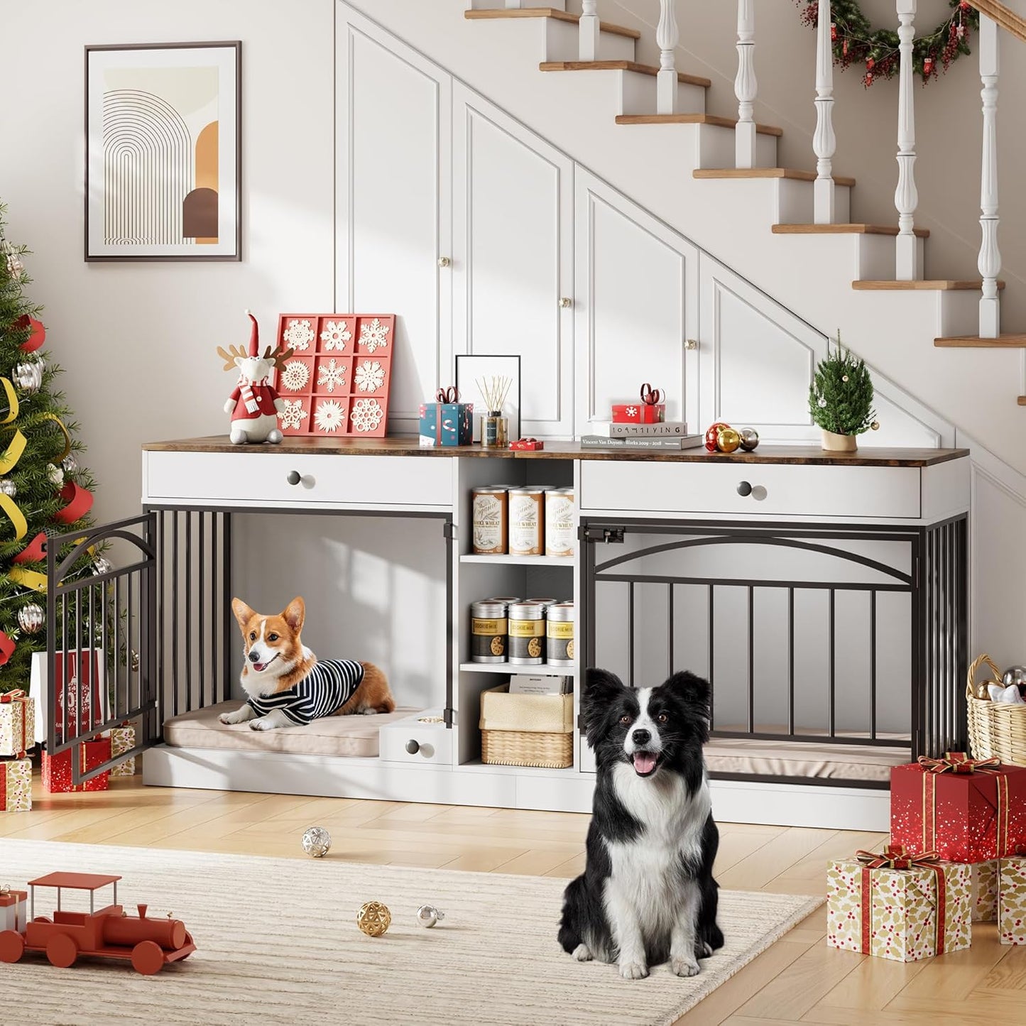 GarveeHome Dog Crate Furniture for 2 Dogs, Dog Kennel Indoor with Storage and Feeding Bowls, Double Dog Crate TV Stand for Small Medium Dogs, White