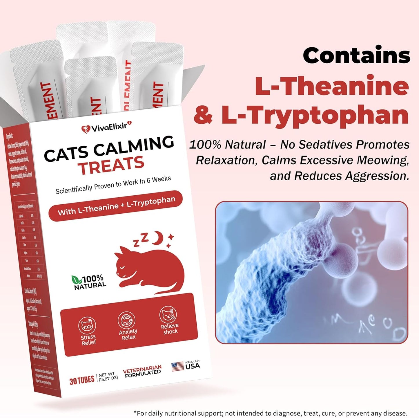 Cat Relief Treats – L-Theanine + L-Tryptophan | Lickable, Relieves Anxiety and Stress in Cats | Sleep and Relaxation Supplement | On-The-Go - 30 Tablets, Vet-Formulated, Made in The USA
