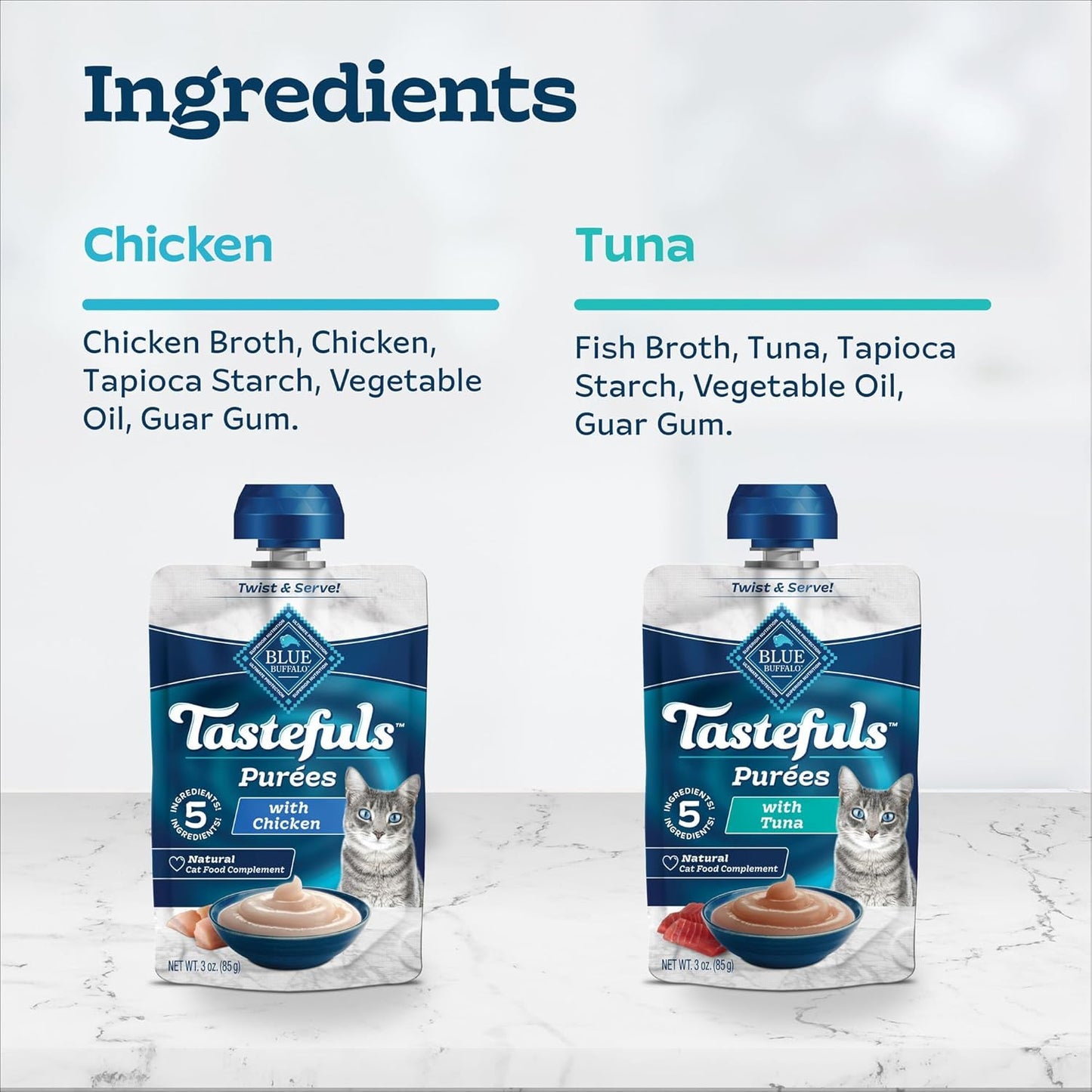 Blue Buffalo Tastefuls Purées Variety Pack, Natural Cat Food Complement, Resealable Twist Cap Pouches, Chicken and Tuna, 3-oz (12 Count, 6 of Each Flavor)